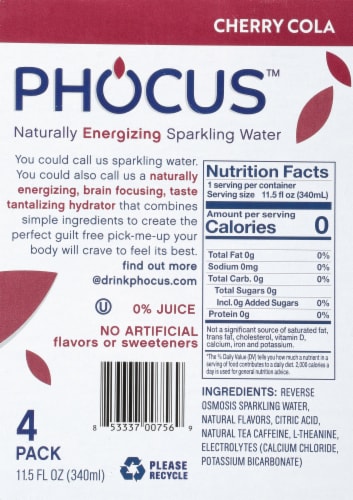 Phocus™ Caffeinated Cherry Cola Flavored Sparkling Water Cans Perspective: left