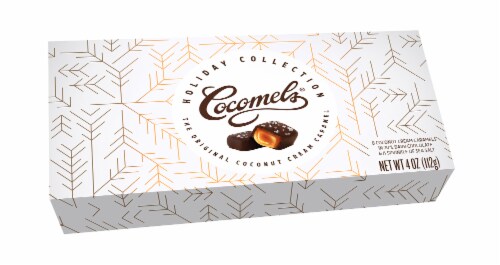 Cocomels® Dark Chocolate & Sea Salt Caramel Squares Holiday Gift Box Perspective: left