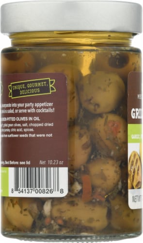 Fine Food Dittmann Garlic Lemon & Herbs Marinated Grilled Green Olives Perspective: left