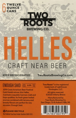 Two Roots Brewing Co. Helles Enough Said Non-Alcoholic Beer Perspective: left
