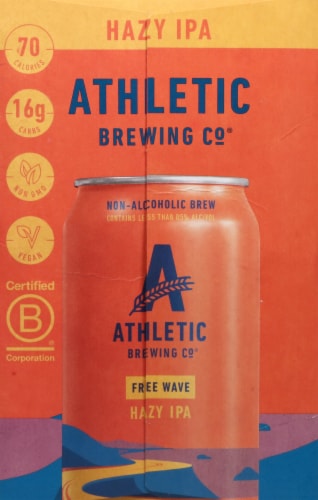 Athletic Brewing Co. Free Wave Hazy IPA Craft Non-Alcoholic Beer Cans Perspective: left