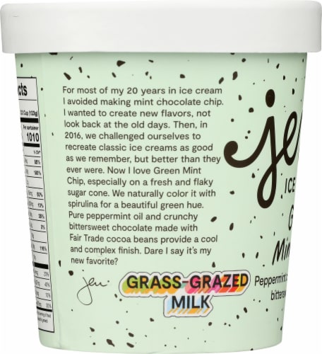 Jeni's Green Mint Chip Ice Cream Pint Perspective: left