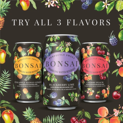 Bonsai Mango Pineapple Ginger Sweetened Sparkling Water Cans Perspective: left