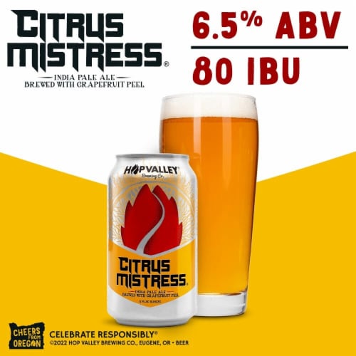 Hop Valley Citrus Mistress IPA Cans Perspective: left