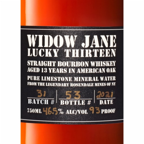 Widow Jane Aged 13 Years Lucky Thirteen New York Straight Bourbon Whiskey Perspective: left