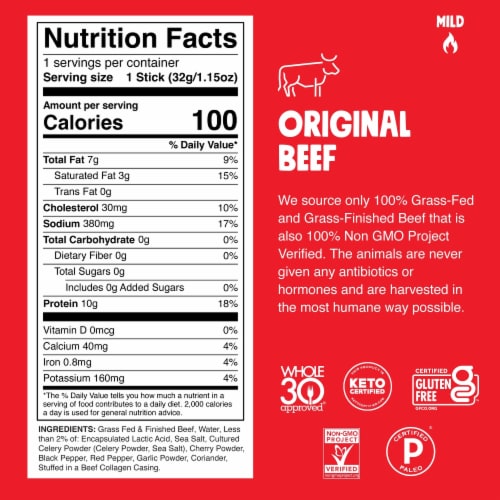 Chomps Grass-Fed & Finished Original Beef Stick, 1.15oz Perspective: left