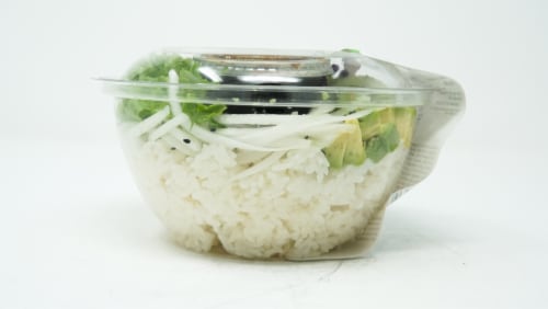 Yummi Sushi Salmon White Rice Japanese Dressing Poke Bowl Perspective: left