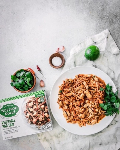 Saffron Road Vegetable Pad Thai with Rice Noodles Gluten-Free Frozen Meal Perspective: left