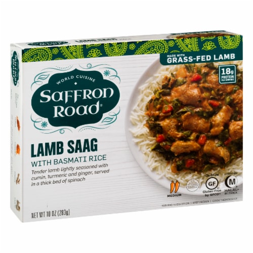 Saffron Road Lamb Saag with Basmati Rice Gluten-Free Frozen Meal Perspective: left