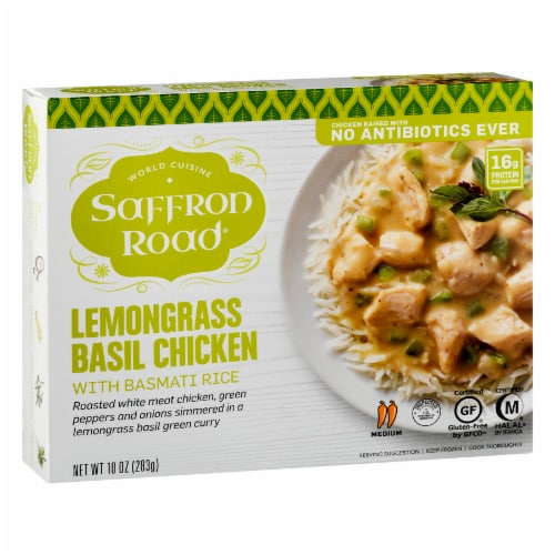 Saffron Road Lemongrass Basil Chicken with Basmati Rice Gluten-Free Frozen Dinner Perspective: left