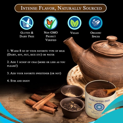 Blue Lotus Chai Traditional Masala Chai Powder Perspective: left
