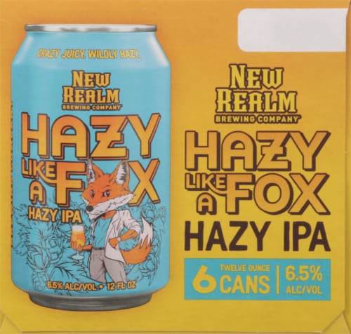 New Realm Brewing Hazy like a Fox IPA Craft Beer Cans Perspective: left