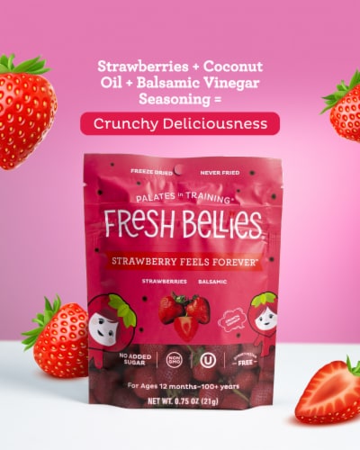 Fresh Bellies® Strawberries Feels Forever™ Freeze Dried Balsamic Strawberry Baby Food Snack Perspective: left