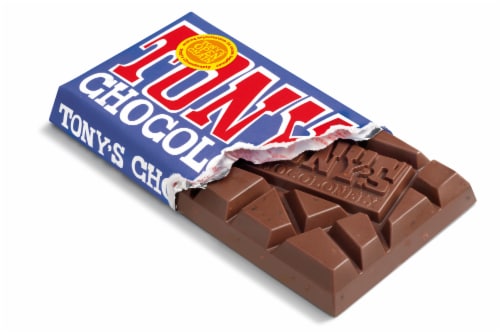 Tony's Chocolonely® 42% Cocoa Dark Milk Chocolate Pretzel Toffee Bar Perspective: left