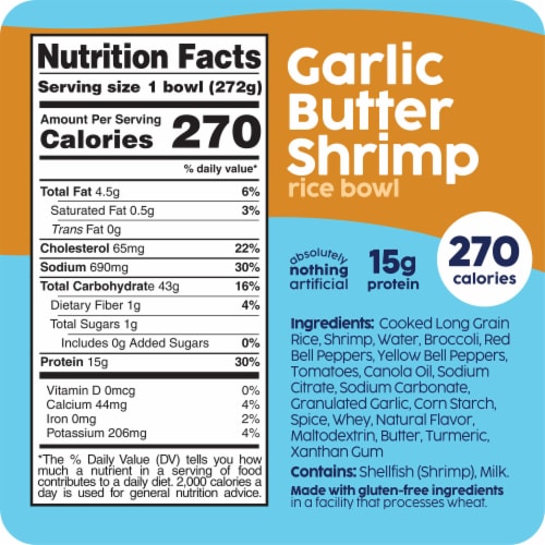 Scott & Jon's Gluten Free Garlic Butter Shrimp Rice Bowl Frozen Meal Perspective: left