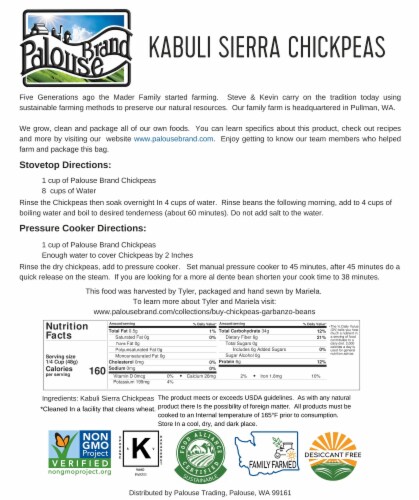 Palouse Brand Chickpeas/Garbanzo Beans, 12 LBS (3 - 4 LB Kraft Re-Sealable Bags) Perspective: left