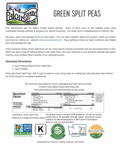 Palouse Brand Green Split Peas, 12 LBS (3 - 4 LB Kraft Re-Sealable Bags) Perspective: left