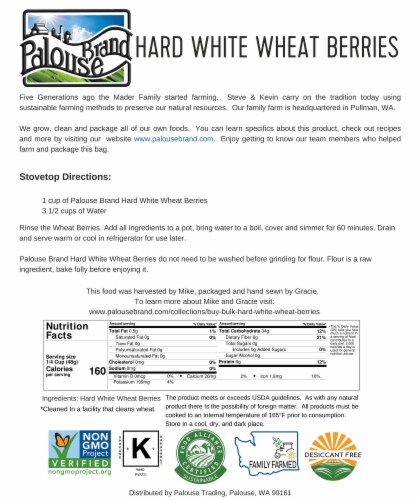 Palouse Brand Hard White Wheat Berries, 12 LBS ( 3 - 4 LB Kraft Re-Sealable Bags) Perspective: left