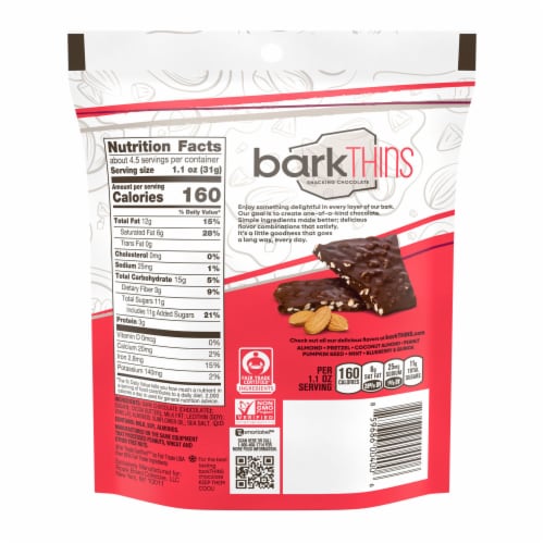 barkTHINS Dark Chocolate Almond and Sea Salt Snacking Chocolate Bag Perspective: left