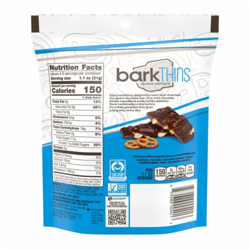 barkTHINS Dark Chocolate Pretzel and Sea Salt Snacking Chocolate Bag Perspective: left