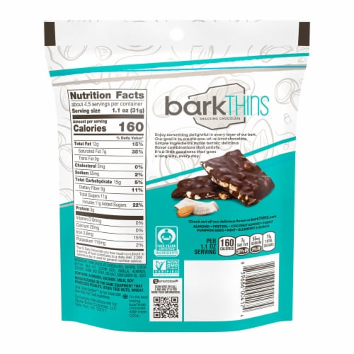 barkTHINS Dark Chocolate Coconut and Almond Snacking Chocolate Bag Perspective: left