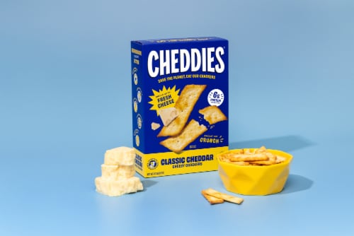 Cheddies® Classic Cheddar Baked Cheesy Crackers Box Perspective: left