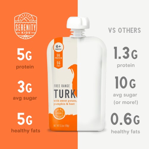 Serenity Kids Free Range Turkey with Organic Sweet Potato, Pumpkin, & Beet Pouch, 3.5oz Perspective: left