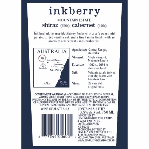 Inkberry Shiraz/Cabernet Mountain Estate Australia Red Wine Perspective: left