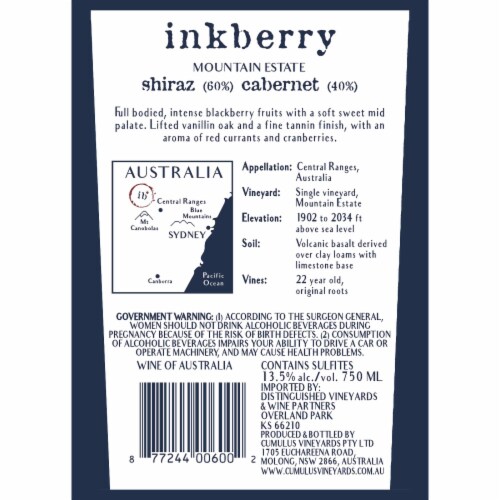 Inkberry Shiraz/Cabernet Mountain Estate Australia Red Wine Perspective: left