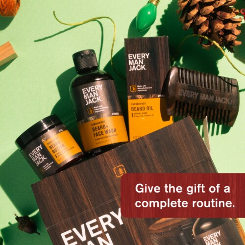 Every Man Jack Sandalwood Mens Beard Kit Holiday Gift Set, Face Wash, Beard Butter, Beard Oil & Comb Perspective: left
