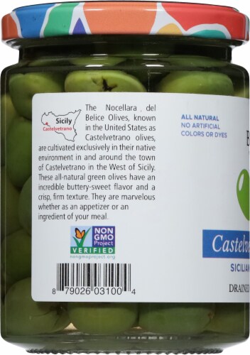 Bono Castelvetrano Sicilian Pitted Green Olives Perspective: left