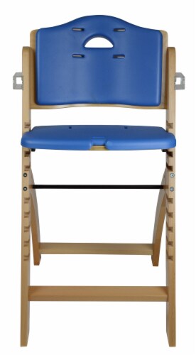 Abiie Beyond Wooden High Chair with Tray. (Natural Wood - Blue Cushion) Perspective: left