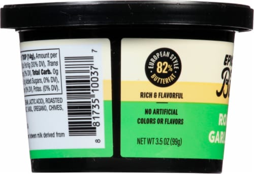 Epicurean Spreadable Roasted Garlic Herb Butter Tub Perspective: left