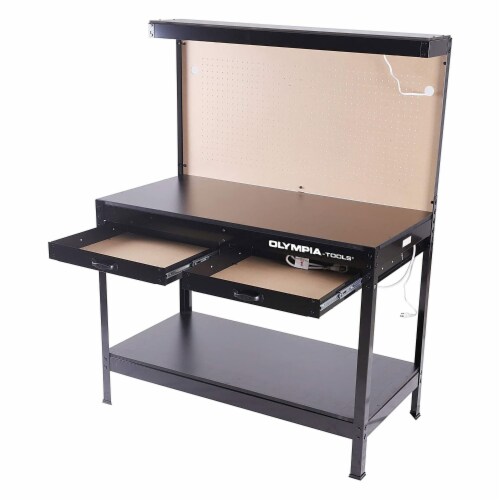 Olympia Tools 47 Steel Workbench w Light Outlets Pegboard and