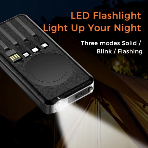 Outdoor Solar 10,000mAh Power Bank - Wireless Charging, Built-in Cables, IP65Water/Dust proof Perspective: left
