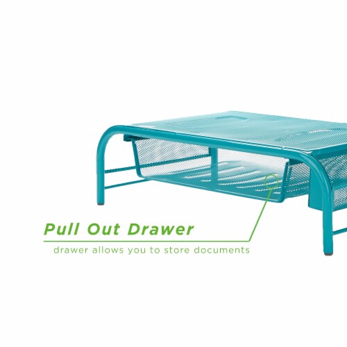 Mind Reader Metal Mesh Monitor Stand and Desk Organizer with Drawer - Turquoise Perspective: left