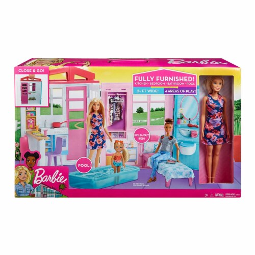Barbie Portable 1 Story Toy Play Set Dollhouse with Doll Pool