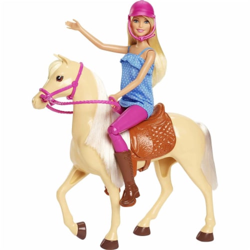 Barbie Doll, Blonde, Wearing Riding Outfit with Helmet, and Light Brown Horse with White Mane Perspective: left