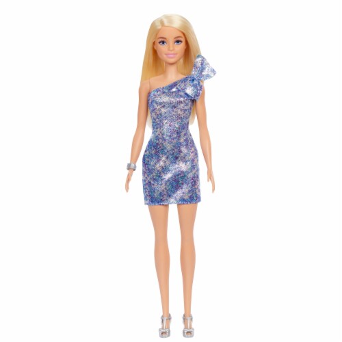 Barbie® Blonde Hair Blue Eyes with Short Blue Sequins Mini Dress and Silver Platform Shoes Perspective: left