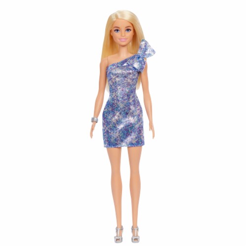 Barbie Blonde Hair Blue Eyes With Short Blue Sequins Mini Dress And