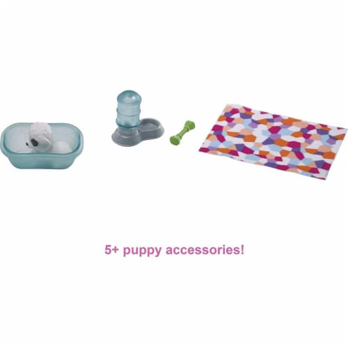 Barbie Mini Playset with 2 Pet Puppies, Doghouse and Pet Accessories Perspective: left