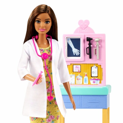 Barbie Pediatrician Playset, Brunette Doll, Exam Table, X-ray & Accessories Perspective: left