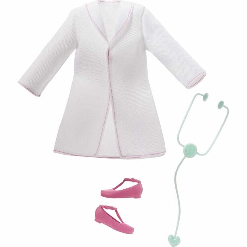 Barbie Doctor Doll, Brunette Hair, Curvy Shape, Doctor Coat, Print Dress, Stethoscope Perspective: left