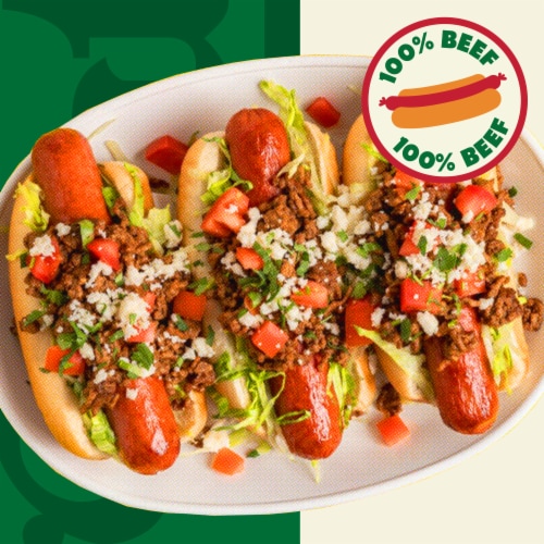 Nathan's Famous Colossal Quarter Pound Beef Hot Dog Franks Perspective: left