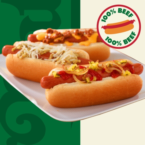 Nathan's Famous Jumbo Restaurant Style Beef Hot Dog Franks Perspective: left