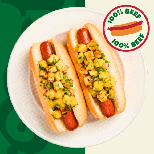 Nathan's Famous Skinless Bun Length Beef Hot Dog Franks Perspective: left