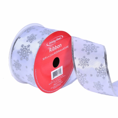 Holiday Home® 2.5" White Satin with Silver Glitter Snowflake Ribbon Perspective: left