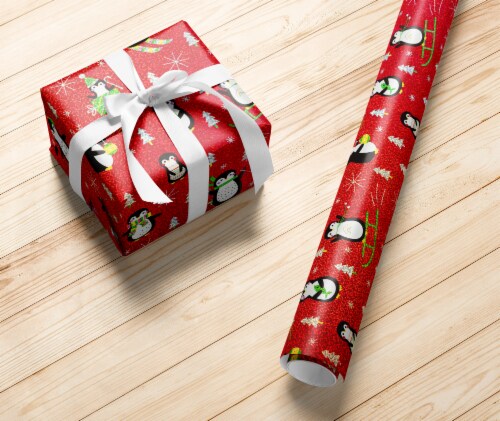 Holiday Home® 40 Inch Playful Penguins Gift Wrap Roll Perspective: left