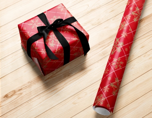 Holiday Home Simple Plaid Snowflake Gift Wrap Perspective: left