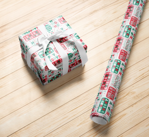 Holiday Home 30 Inch Holiday Text Gift Wrap Roll Perspective: left